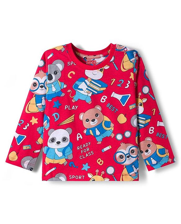 Babyhug Cotton Knit Full Sleeves Co-ord Night Suit With Animal Print - Red