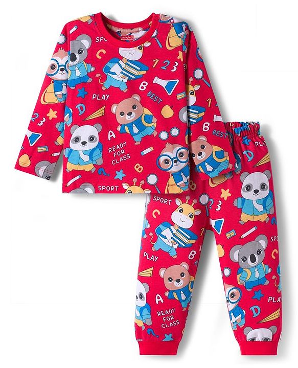 Babyhug Cotton Knit Full Sleeves Co-ord Night Suit With Animal Print - Red