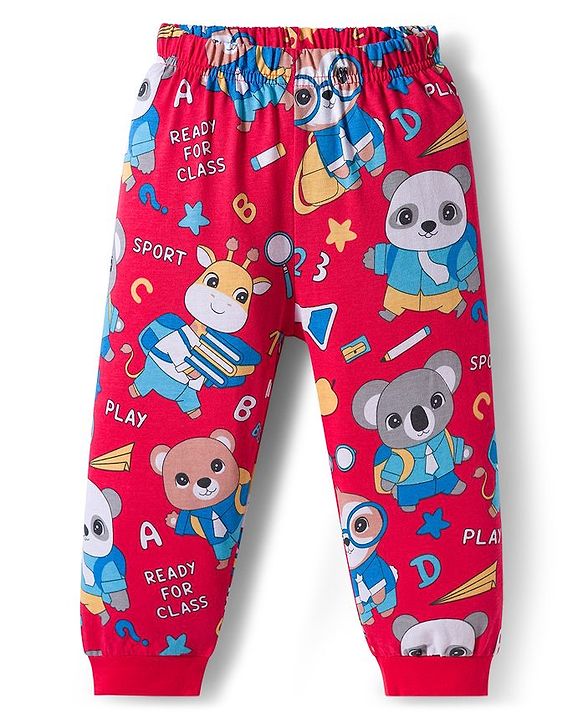 Babyhug Cotton Knit Full Sleeves Co-ord Night Suit With Animal Print - Red