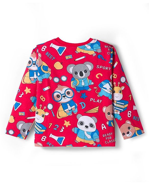 Babyhug Cotton Knit Full Sleeves Co-ord Night Suit With Animal Print - Red