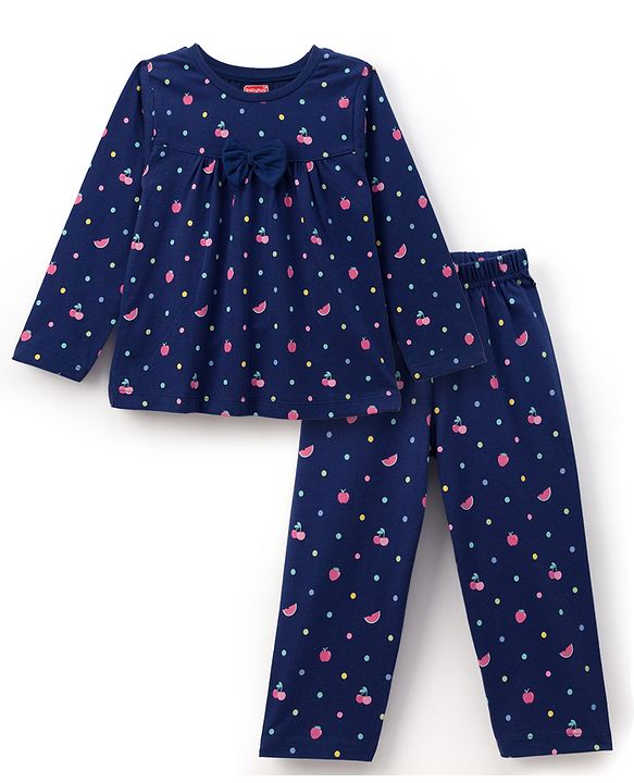 Babyhug 100% Cotton Knit Full Sleeves Co-ord Night Suit With Polka Dot Print & Bow Applique - Navy Blue