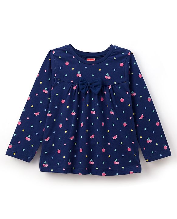 Babyhug 100% Cotton Knit Full Sleeves Co-ord Night Suit With Polka Dot Print & Bow Applique - Navy Blue
