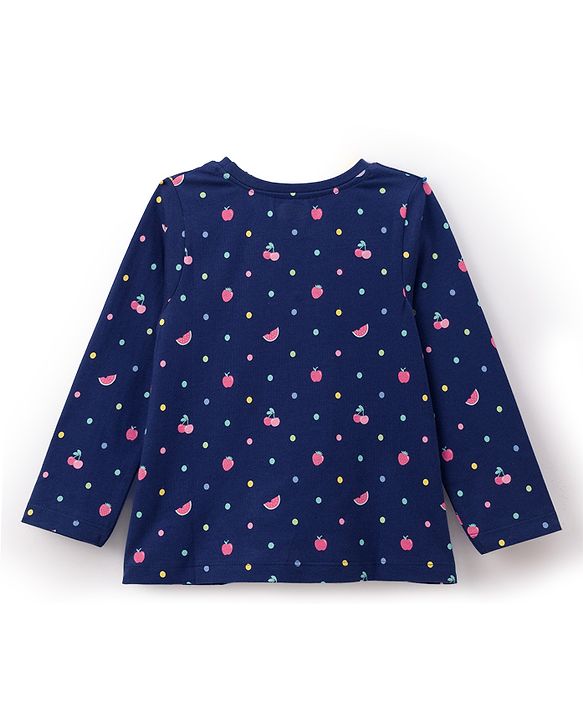 Babyhug 100% Cotton Knit Full Sleeves Co-ord Night Suit With Polka Dot Print & Bow Applique - Navy Blue