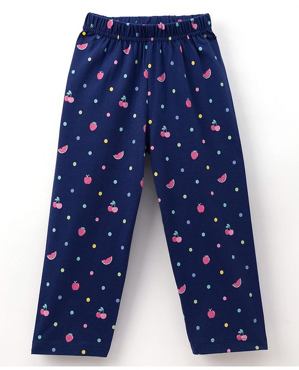 Babyhug 100% Cotton Knit Full Sleeves Co-ord Night Suit With Polka Dot Print & Bow Applique - Navy Blue