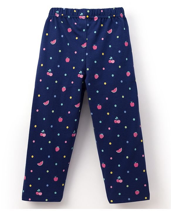 Babyhug 100% Cotton Knit Full Sleeves Co-ord Night Suit With Polka Dot Print & Bow Applique - Navy Blue