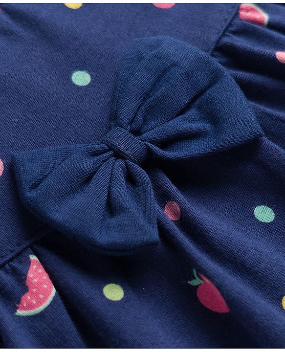 Babyhug 100% Cotton Knit Full Sleeves Co-ord Night Suit With Polka Dot Print & Bow Applique - Navy Blue