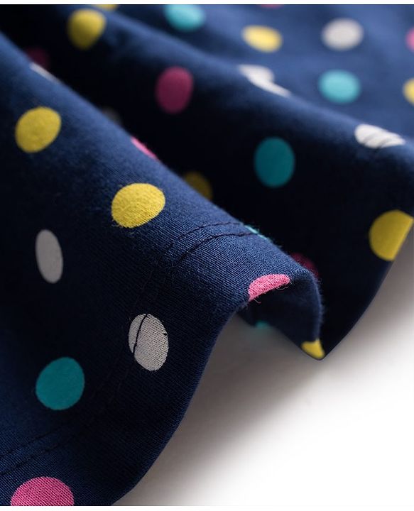 Babyhug 100% Cotton Knit Full Sleeves Co-ord Night Suit With Polka Dot Print & Bow Applique - Navy Blue