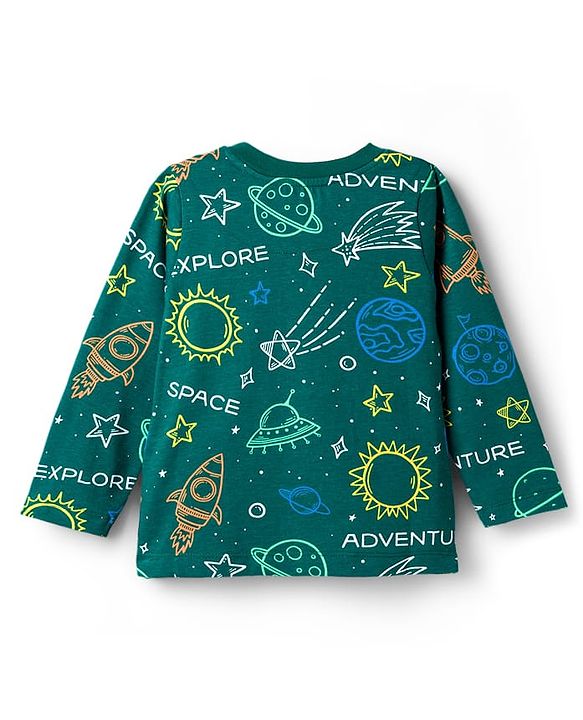 Babyhug Cotton Knit Full Sleeves Co-ords Night Suit With Space Theme Print - Dark Green