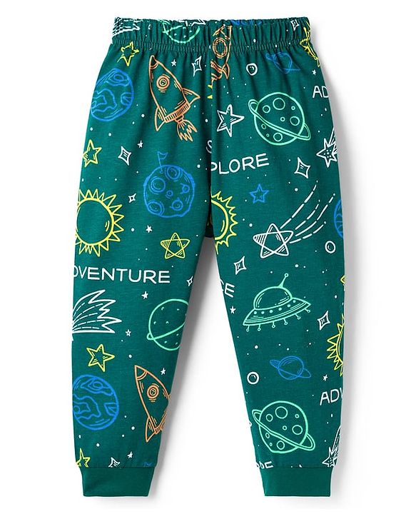 Babyhug Cotton Knit Full Sleeves Co-ords Night Suit With Space Theme Print - Dark Green