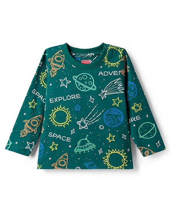 Babyhug Cotton Knit Full Sleeves Co-ords Night Suit With Space Theme Print - Dark Green