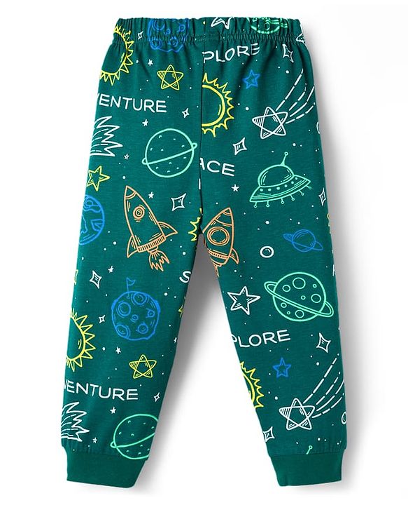 Babyhug Cotton Knit Full Sleeves Co-ords Night Suit With Space Theme Print - Dark Green