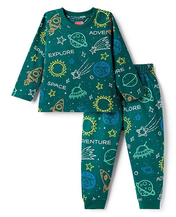 Babyhug Cotton Knit Full Sleeves Co-ords Night Suit With Space Theme Print - Dark Green