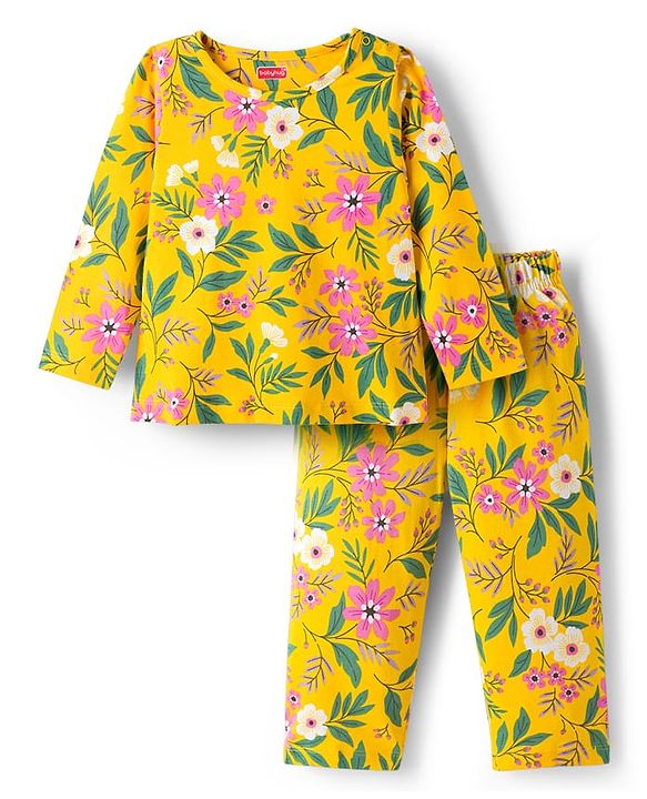 Babyhug Cotton Knit Full Sleeves Co-ord Night Suit With Floral Print - Yellow