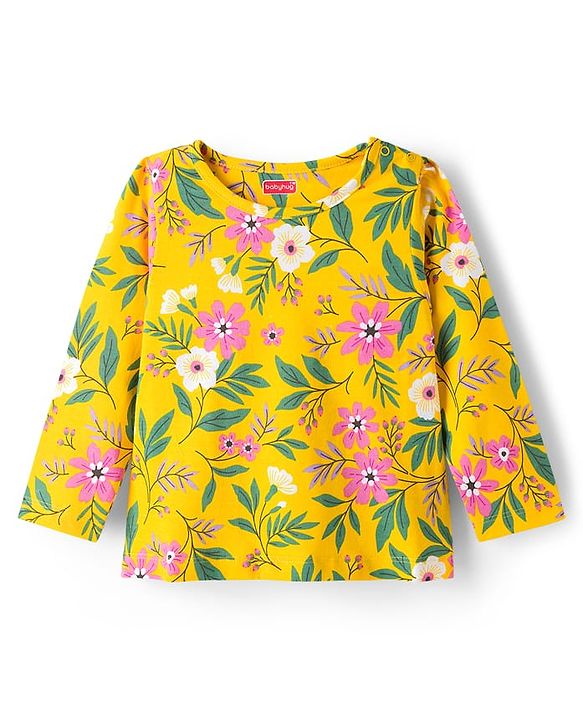 Babyhug Cotton Knit Full Sleeves Co-ord Night Suit With Floral Print - Yellow