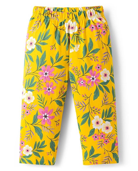 Babyhug Cotton Knit Full Sleeves Co-ord Night Suit With Floral Print - Yellow