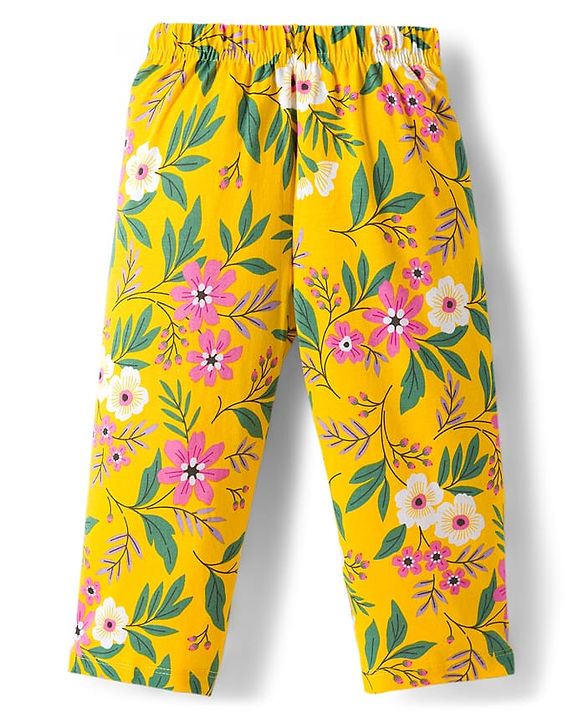 Babyhug Cotton Knit Full Sleeves Co-ord Night Suit With Floral Print - Yellow