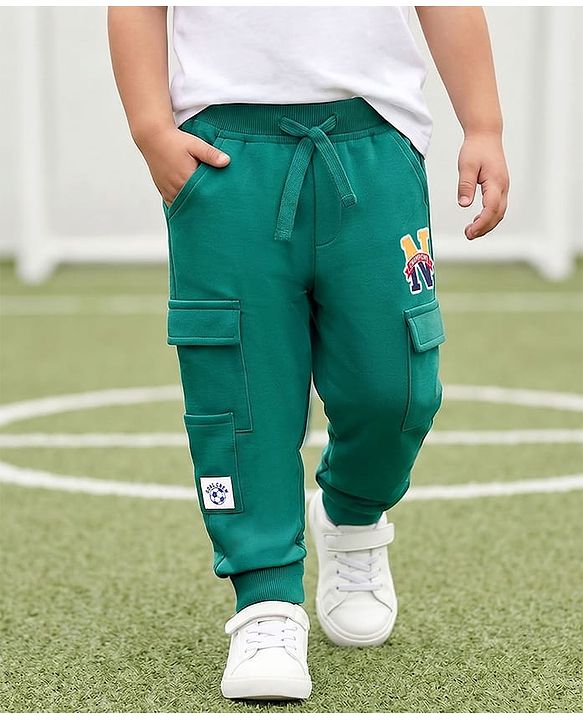 Babyhug Cotton Knit Full Length Lounge Pant With Alphabet Patch - Mint Green