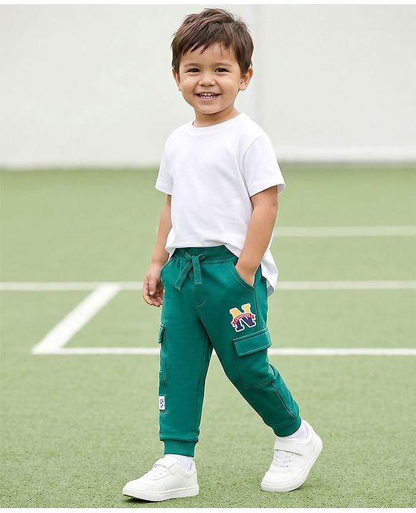 Babyhug Cotton Knit Full Length Lounge Pant With Alphabet Patch - Mint Green