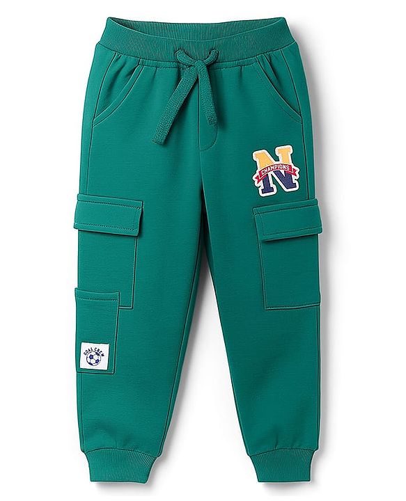 Babyhug Cotton Knit Full Length Lounge Pant With Alphabet Patch - Mint Green