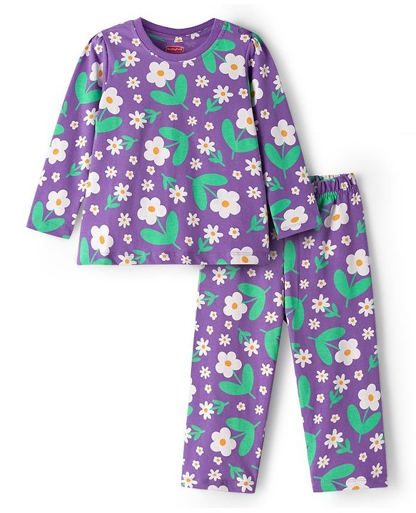 Babyhug Cotton Knit Full Sleeves Co-ord Night Suit With Floral Print - Purple