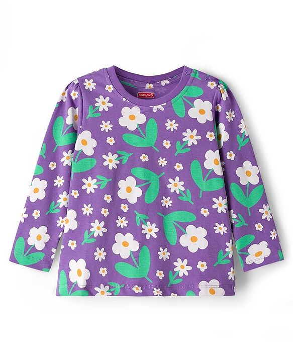 Babyhug Cotton Knit Full Sleeves Co-ord Night Suit With Floral Print - Purple