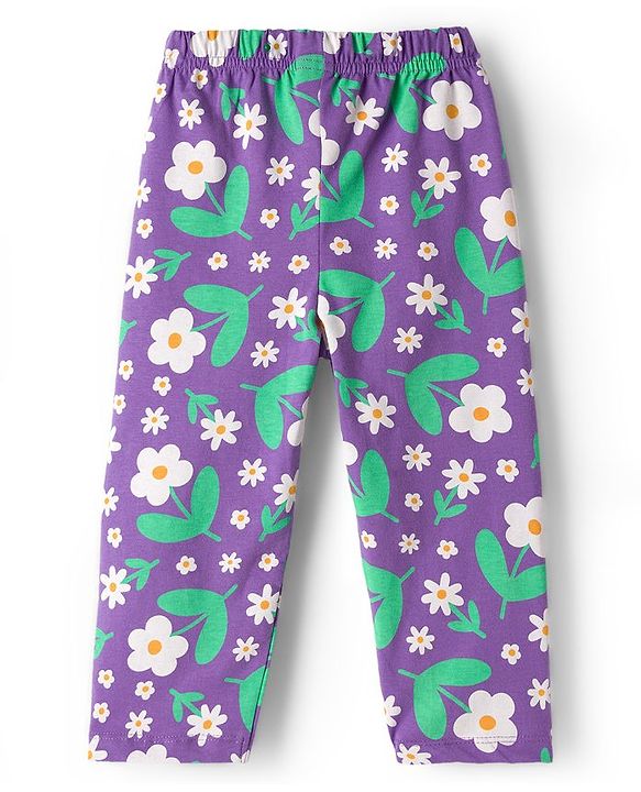 Babyhug Cotton Knit Full Sleeves Co-ord Night Suit With Floral Print - Purple