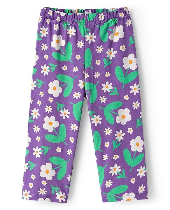 Babyhug Cotton Knit Full Sleeves Co-ord Night Suit With Floral Print - Purple