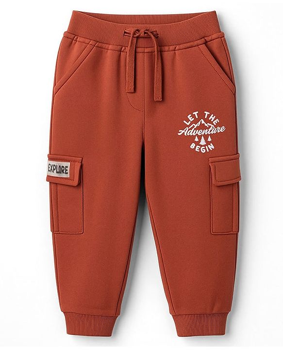 Babyhug Cotton Knit Full Length Lounge Pant With Text Print - Red
