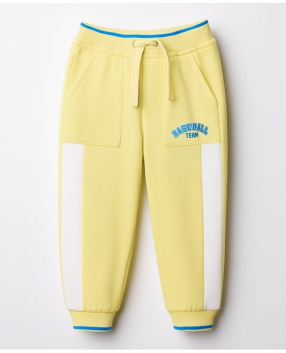 Babyhug Cotton Knit Full Length Lounge Pant With Text Print - Yellow