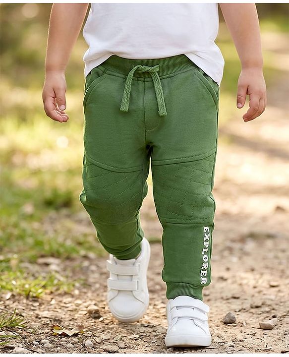 Babyhug Looper Knit Full Length Lounge Pant With Text Print - Olive Green