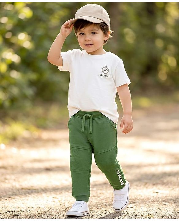 Babyhug Looper Knit Full Length Lounge Pant With Text Print - Olive Green