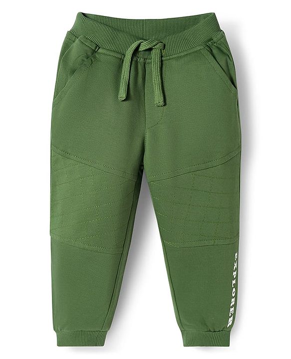 Babyhug Looper Knit Full Length Lounge Pant With Text Print - Olive Green