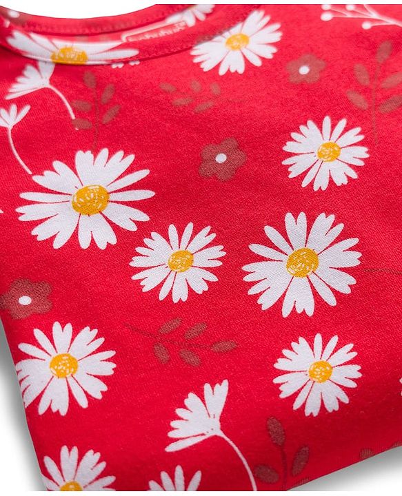 Babyhug Cotton Knit Full Sleeves Co-Ord Night Suit with Floral Print - Red