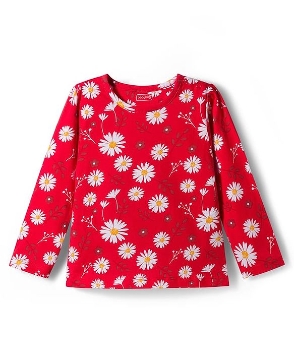 Babyhug Cotton Knit Full Sleeves Co-Ord Night Suit with Floral Print - Red