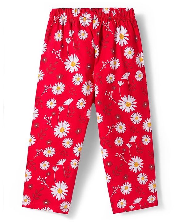 Babyhug Cotton Knit Full Sleeves Co-Ord Night Suit with Floral Print - Red