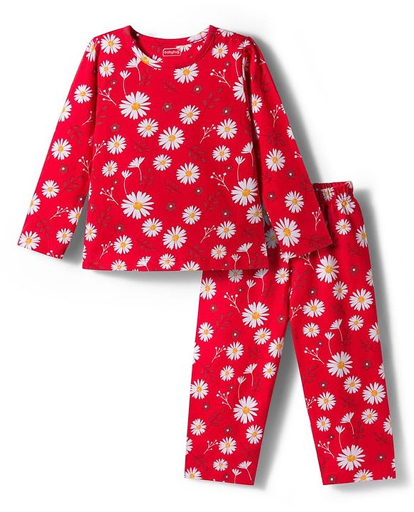 Babyhug Cotton Knit Full Sleeves Co-Ord Night Suit with Floral Print - Red