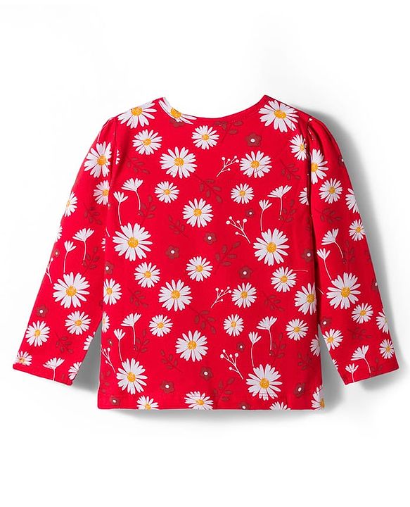 Babyhug Cotton Knit Full Sleeves Co-Ord Night Suit with Floral Print - Red