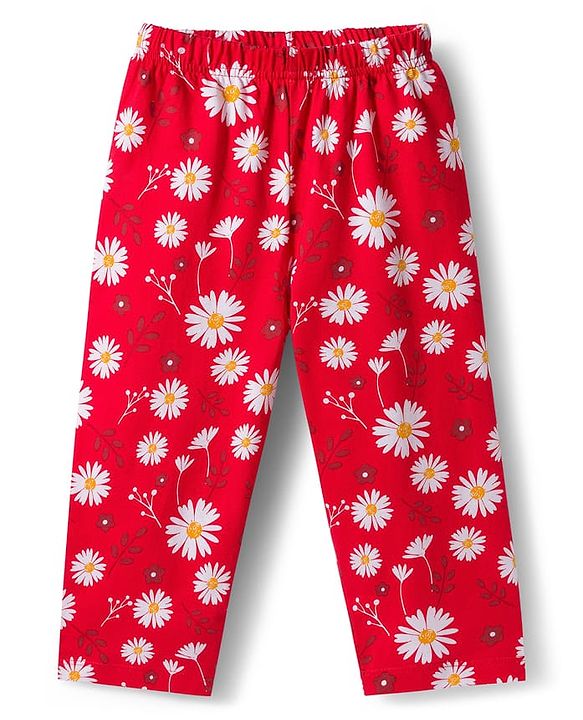 Babyhug Cotton Knit Full Sleeves Co-Ord Night Suit with Floral Print - Red