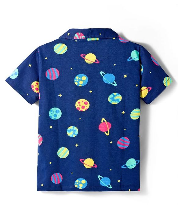 Pine Kids Cotton Knit Half Sleeves Co-ords Night Suit With Space Theme Print - Blue