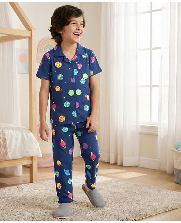 Pine Kids Cotton Knit Half Sleeves Co-ords Night Suit With Space Theme Print - Blue