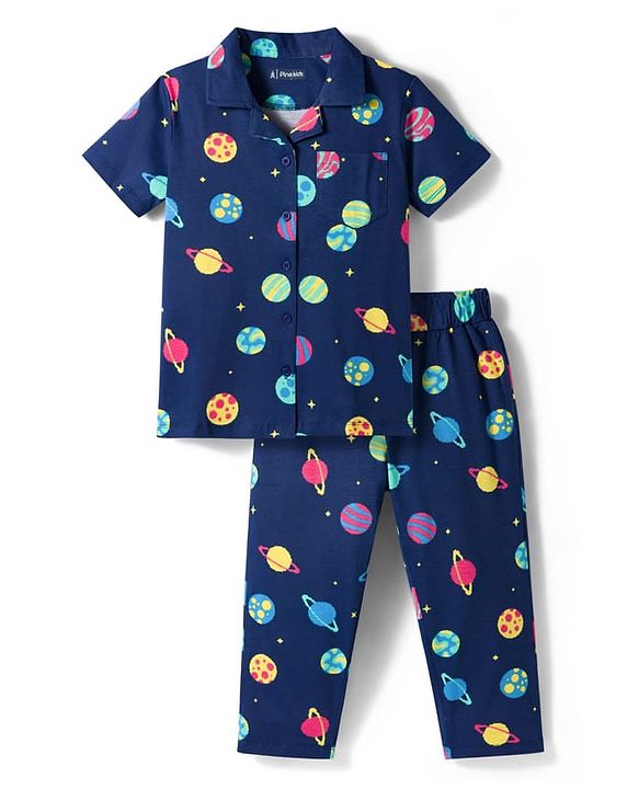 Pine Kids Cotton Knit Half Sleeves Co-ords Night Suit With Space Theme Print - Blue