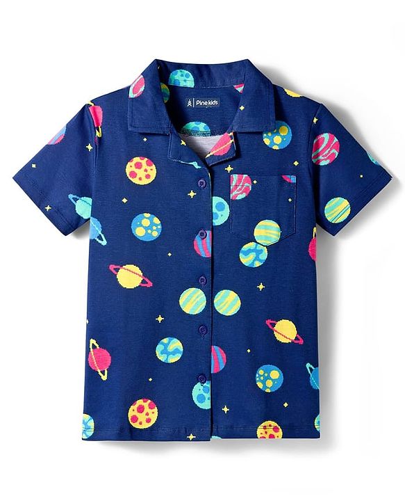 Pine Kids Cotton Knit Half Sleeves Co-ords Night Suit With Space Theme Print - Blue