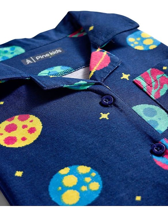 Pine Kids Cotton Knit Half Sleeves Co-ords Night Suit With Space Theme Print - Blue