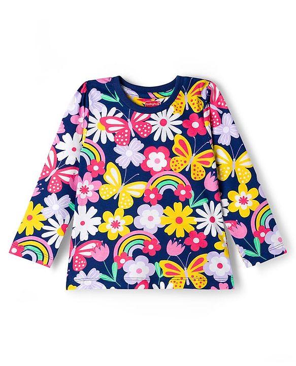 Babyhug Cotton Knit Full Sleeves Co-ord Night Suit With Floral Print - Navy Blue