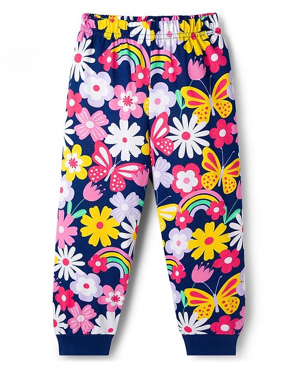 Babyhug Cotton Knit Full Sleeves Co-ord Night Suit With Floral Print - Navy Blue