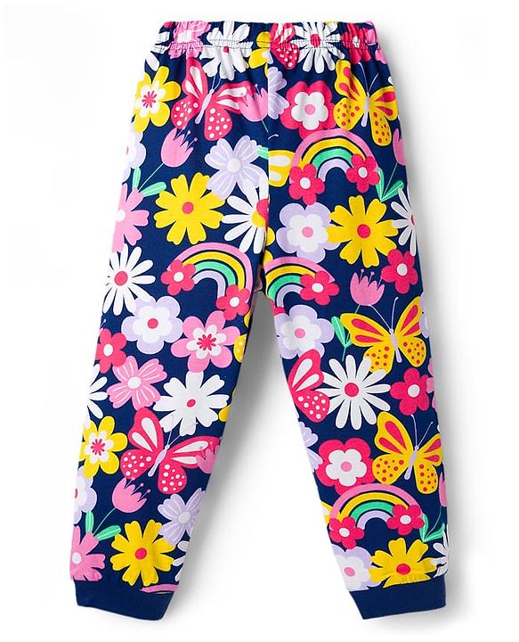 Babyhug Cotton Knit Full Sleeves Co-ord Night Suit With Floral Print - Navy Blue