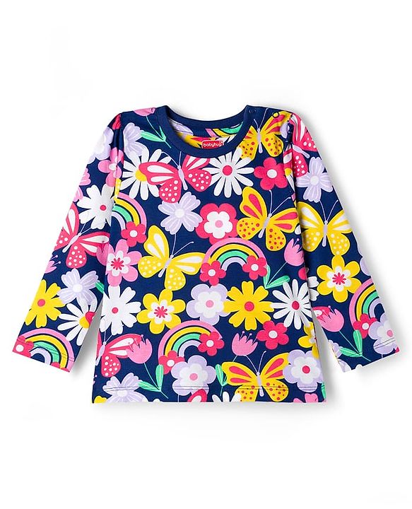 Babyhug Cotton Knit Full Sleeves Co-ord Night Suit With Floral Print - Navy Blue