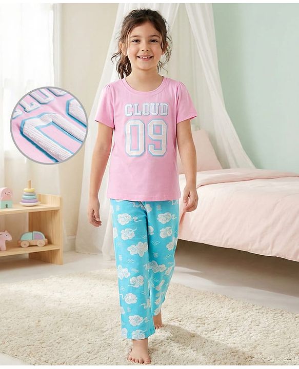 Pine Kids Cotton Knit Half Sleeves Night Suit With Text Print - Pink & Light Blue