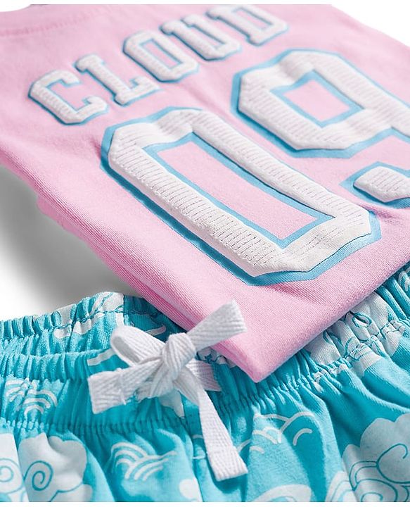 Pine Kids Cotton Knit Half Sleeves Night Suit With Text Print - Pink & Light Blue