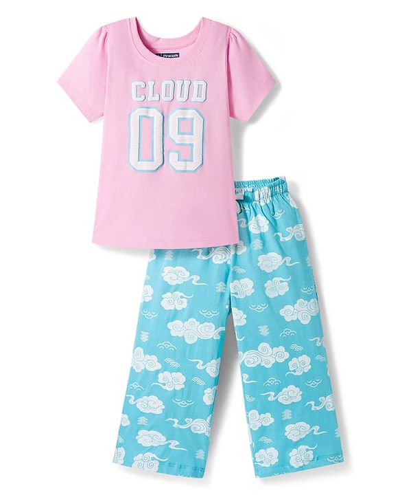 Pine Kids Cotton Knit Half Sleeves Night Suit With Text Print - Pink & Light Blue